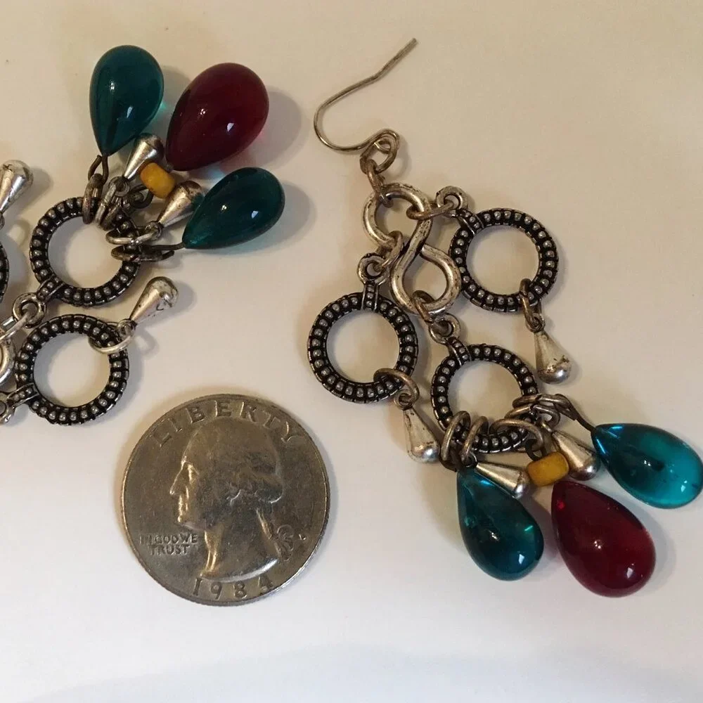 Teardrop Earrings Teal Red Beaded Drops Textured Silver Tone Metal Rings Dangle